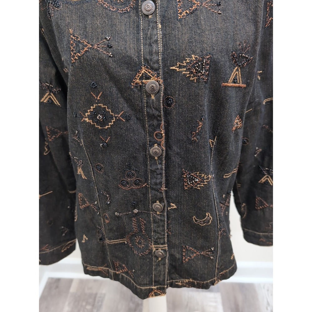 Chicos Jacket Womens 1 Black Embroidered Beaded Denim Southwestern Silk Lined - Picture 3 of 10